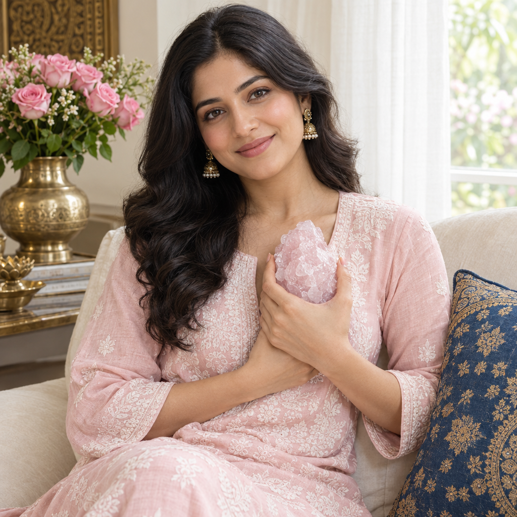 Woman holding raw rose quartz crystal near her heart
