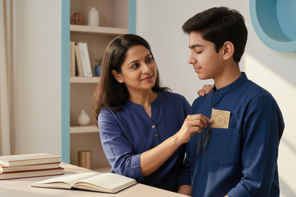 Mother placing actual yantra in student son’s pocket