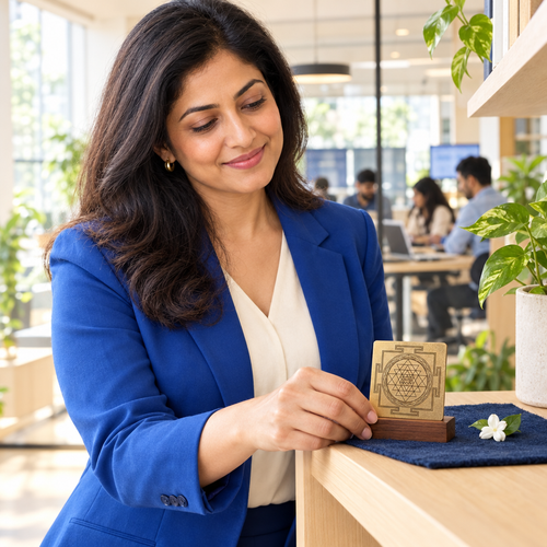 Woman entrepreneur placing a gold Yantra in a wooden holder on an indigo-covered shelf in a modern office