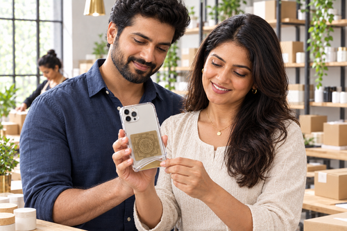 Woman placing actual yantra inside husband’s phone cover at their business